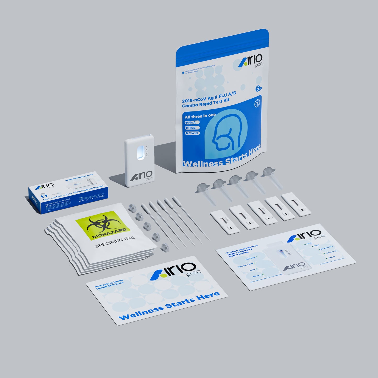Airiopoc 2019-nCoV Ag & FLU A/B Combo Rapid Test Kit - Fluorescent Reading, for Home,5 Test Kit