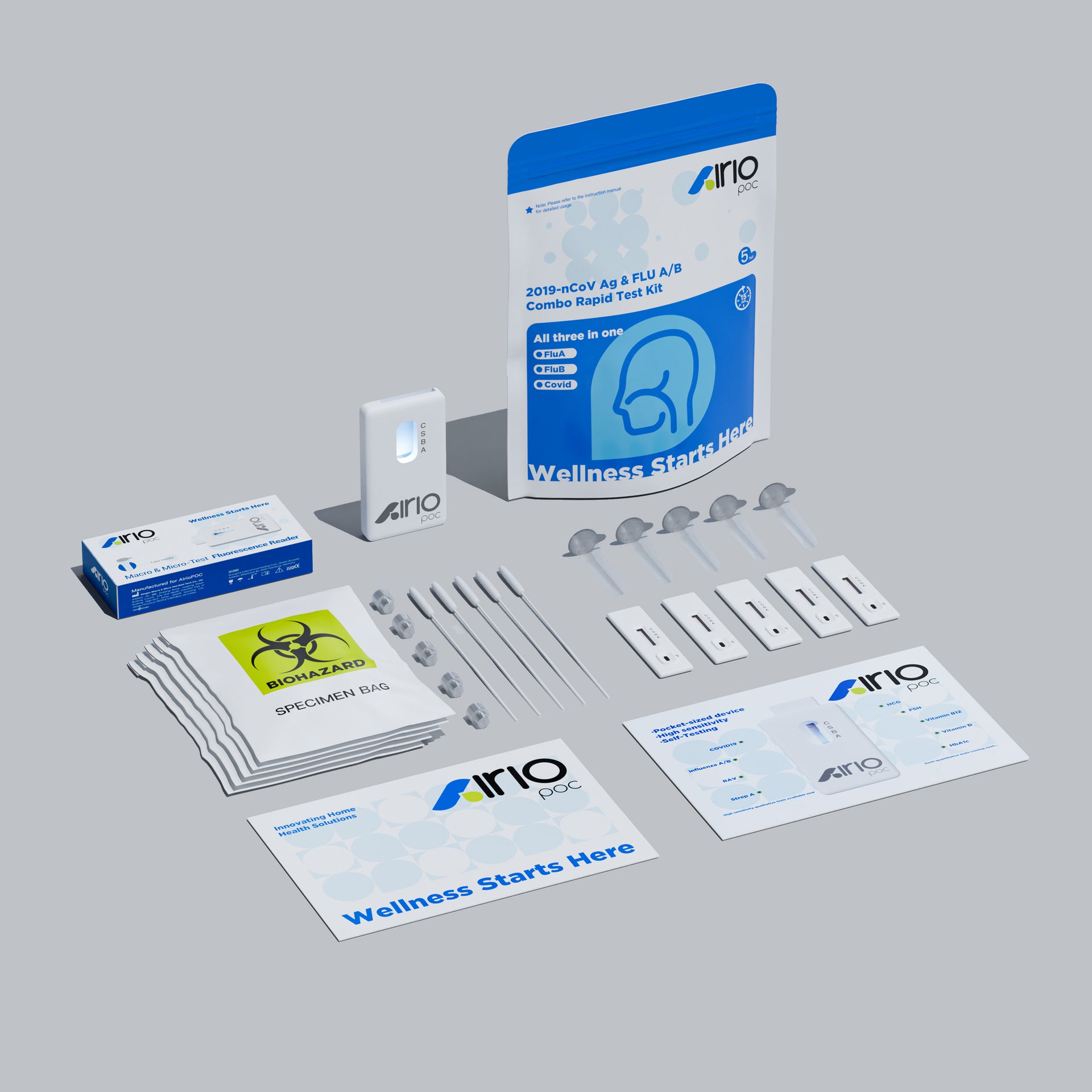 Airiopoc 2019-nCoV Ag & FLU A/B Combo Rapid Test Kit - Fluorescent Reading, for Home,5 Test Kit